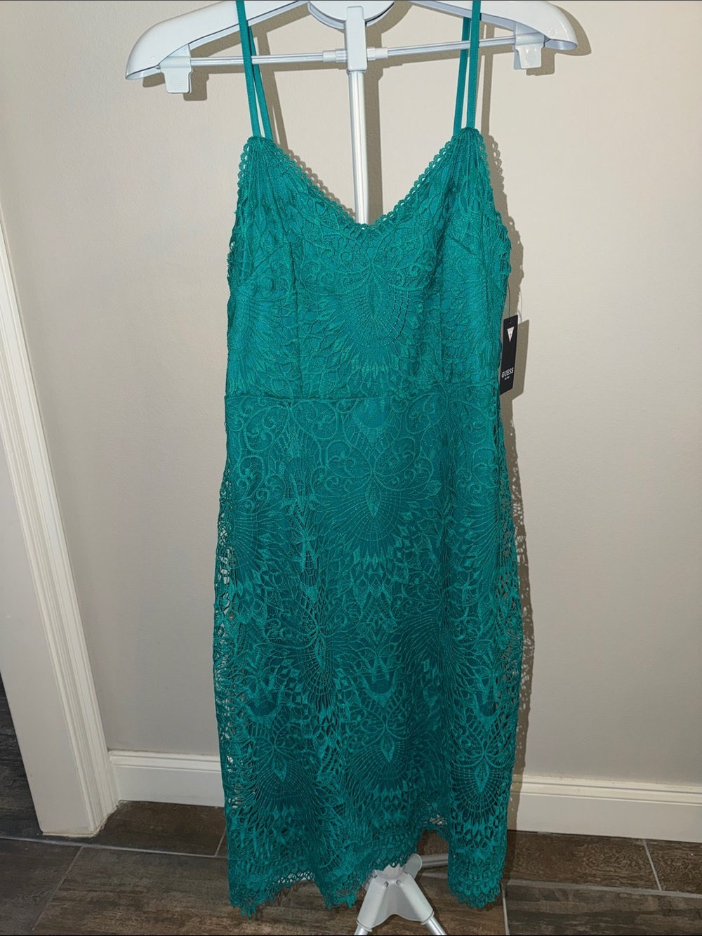 Guess Teal Lace Midi V-neck Cocktail Dress with Spaghetti Straps